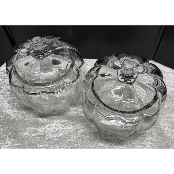 2 Vntg Anchor Hocking Clear Fall Glass Pumpkin Cookie Jars Candy Dish Canisters - Picture 7 of 10